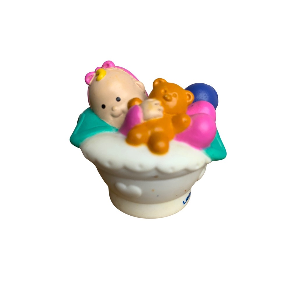 Fisher Price Little People Baby Girl with Teddy Bear in Bassinet 2001 Mattel Y2K